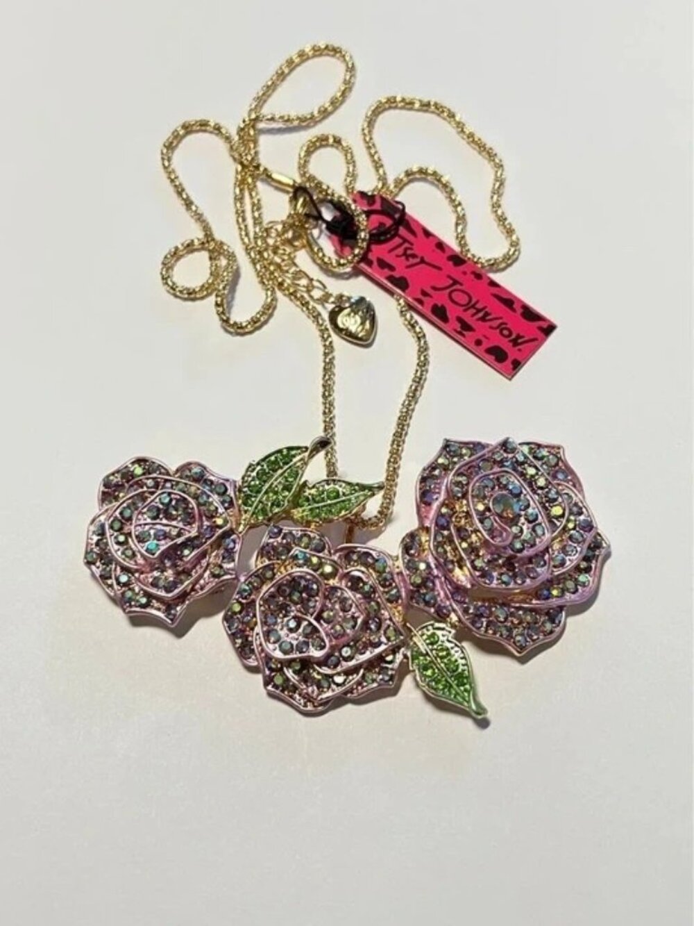 Betsey Johnson Crystal Rose Trio Necklace/Brooch